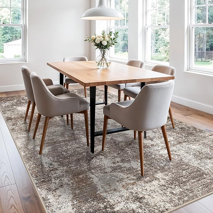 7x9 Washable Living Room Area Rug – Modern Neutral Abstract Rug for Dining Room, Kitchen, Bedroom, – Non-Slip Low Pile Soft Indoor Carpet (Brown Beige,7x9)