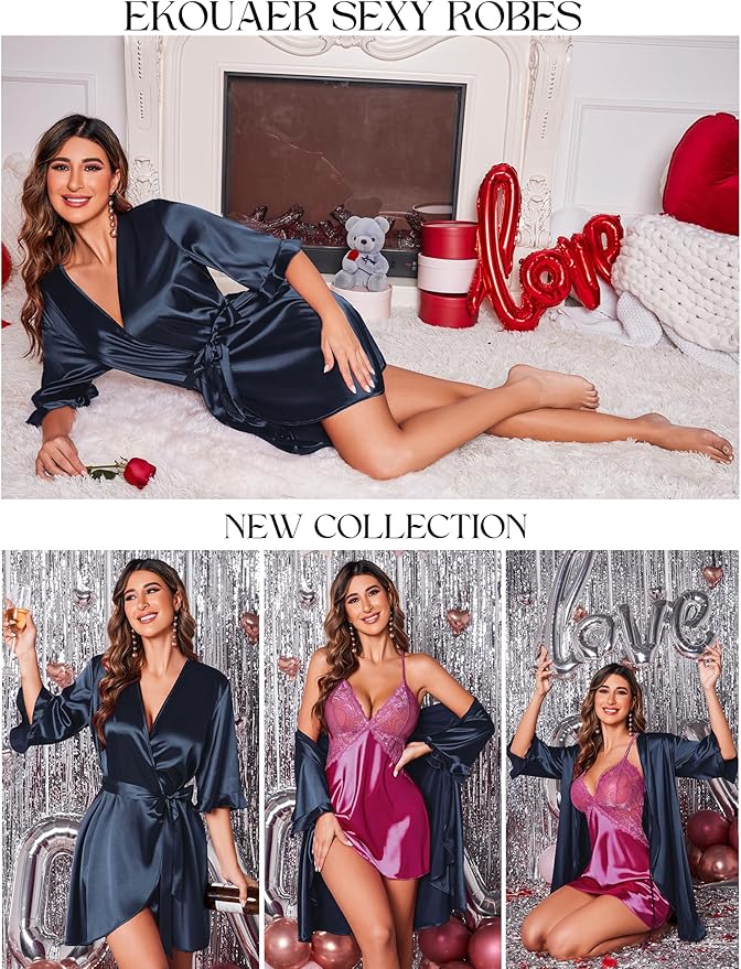 Ekouaer Women's Satin Robe Valentines Lingerie for Women Kimono Bathrobe Short Ruffle Belted Robes Bridesmaids Sleepwear