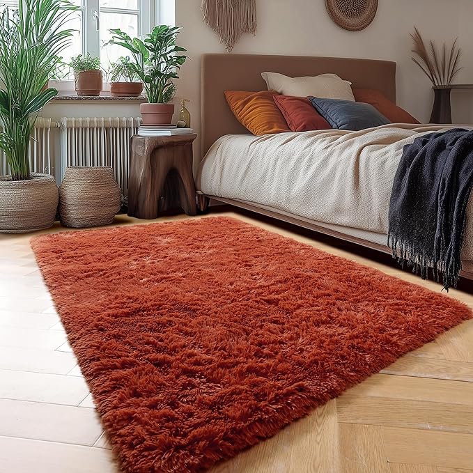 Amdrebio Terracotta Rust Area Rugs for Bedroom Kids Room, Fluffy Fuzzy Shaggy Furry Small Rug 3x5 for Living Room Decor Aesthetic, Cute Plush Shag Rustic Carpet for Dorm Nursery Classroom Playroom