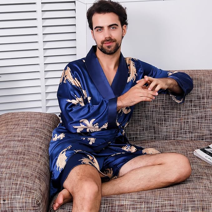 Haseil Men's Satin Robe Dragon Luxurious Silk Spa Long Sleeve House Kimono Bathrobe