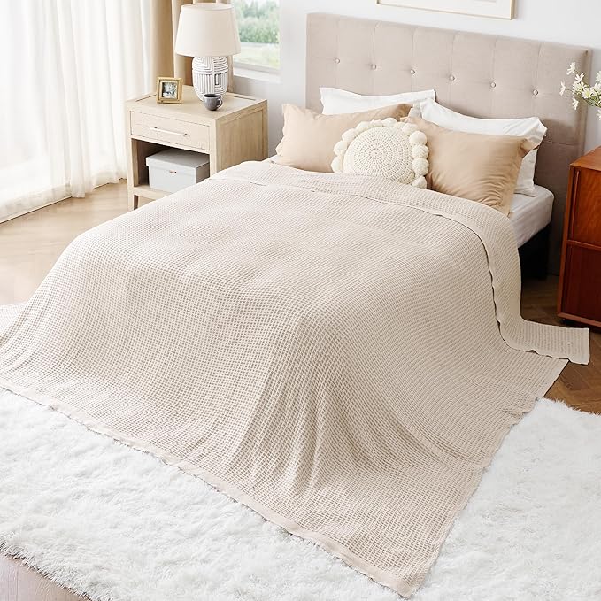 Bedsure Gentlesoft 100% Cotton Big Blanket Oversized King for Bed - Large Breathable Thick Waffle Weave Blanket for Summer, Couch Cover, Light Beige, 120x94 inches