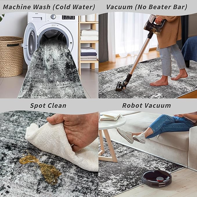 10x10 ft Square Living Room Rug – Washable Modern Abstract Area Rug for Bedroom, Dining Room, Playroom – Neutral Non-Slip Low-Pile Thin Indoor Carpet (Black Grey,10x10)