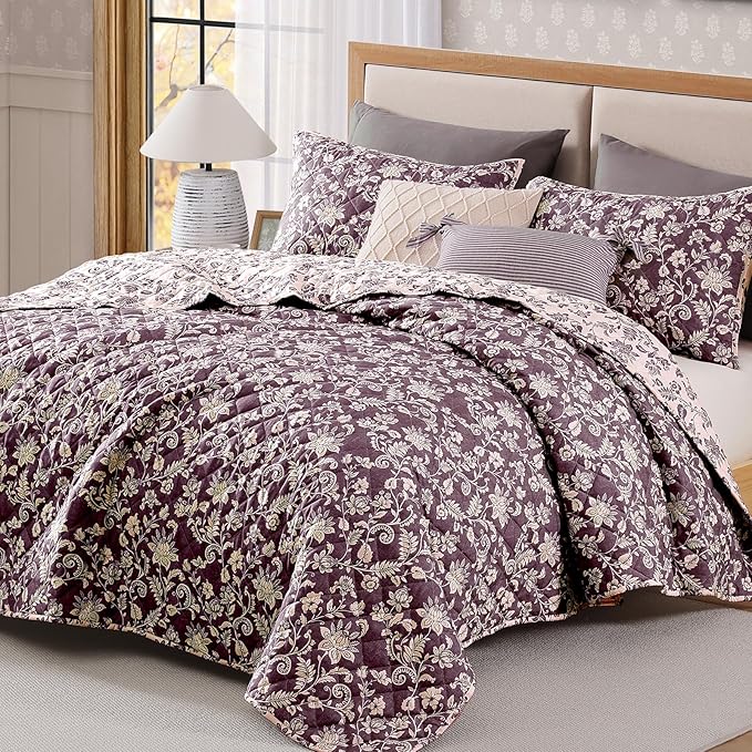 BLOOMHAVEN Quilt Set Twin Size, Italian Plum Floral Quilt Sets, Reversible Bedspread Lightweight and Breathable for All Seasons, Soft Quilted Bedspread with 1 Pillow Sham