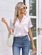 Ekouaer Womens Silk Satin Pajama Sets 2 Piece Button Down Silk Pjs Shorts Sets Cute Print Short Sleeve Sleepwear S-4XL