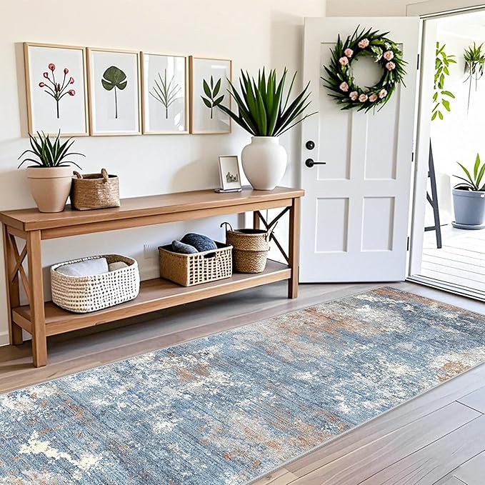 3x10ft Washable Hallway Runner Rug - Non Slip Modern Wide Carpet for Kitchen Entryway Bathroom with Rubber Backing,Low Pile Thin Long Floor Runner Indoor（Blue Rust,3x10）