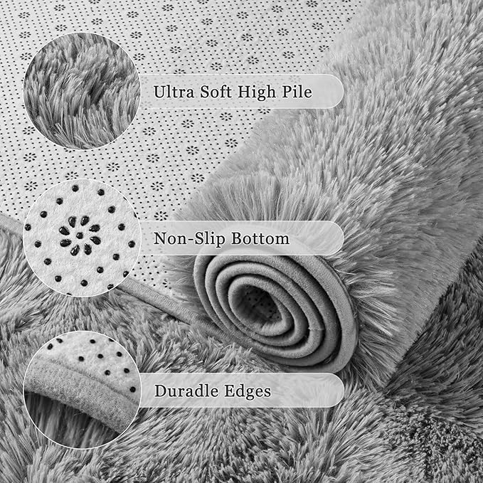 junovo Grey Washable Area Rug for Boys Bedroom Living Room, 4x5.3 Soft Non-Slip Fluffy Rugs, Shag Plush Memory Foam Carpet for Kids Room Baby Nursery Home Decor