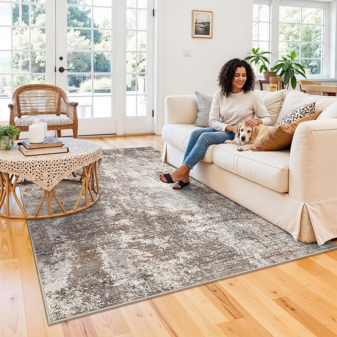 5x8 Washable Living Room Area Rug – Modern Neutral Abstract Rug for Bedroom, Kitchen, Dining Room – Non-Slip Low Pile Soft Indoor Carpet (Brown Beige,5x8)