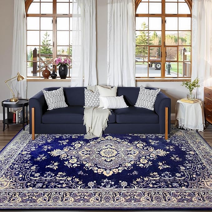 CRYPTOLITE Living Room Rug 7x10, Machine Washable Area Rug Non Slip Low Pile Rug for Living Room, Bedroom, Farmhouse, Dining Room, Navy Blue