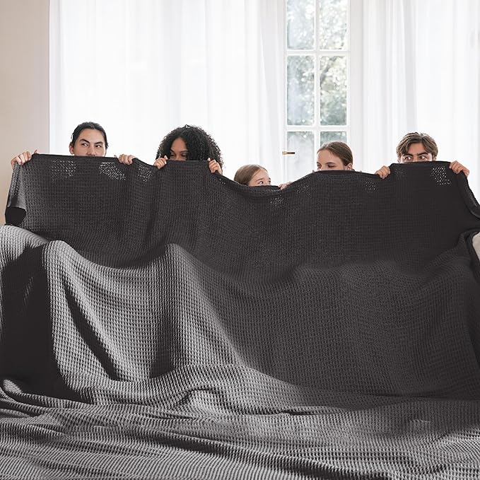 Bedsure Gentlesoft 100% Cotton Big Blanket Oversized King for Bed - Large Breathable Thick Cooling Waffle Weave Blanket for Summer, Couch Cover, Dark Grey, 120x94 inches