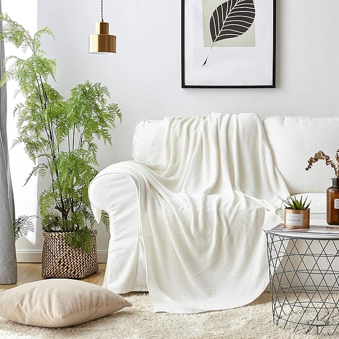 Longhui bedding Ivory White Cotton Cable Knit Throw Blanket for Couch Sofa Chair Bed Home Decorative, 60 x 80 Inch Woven Throw Blankets with a Washing Bag Silk Bow Tie Package