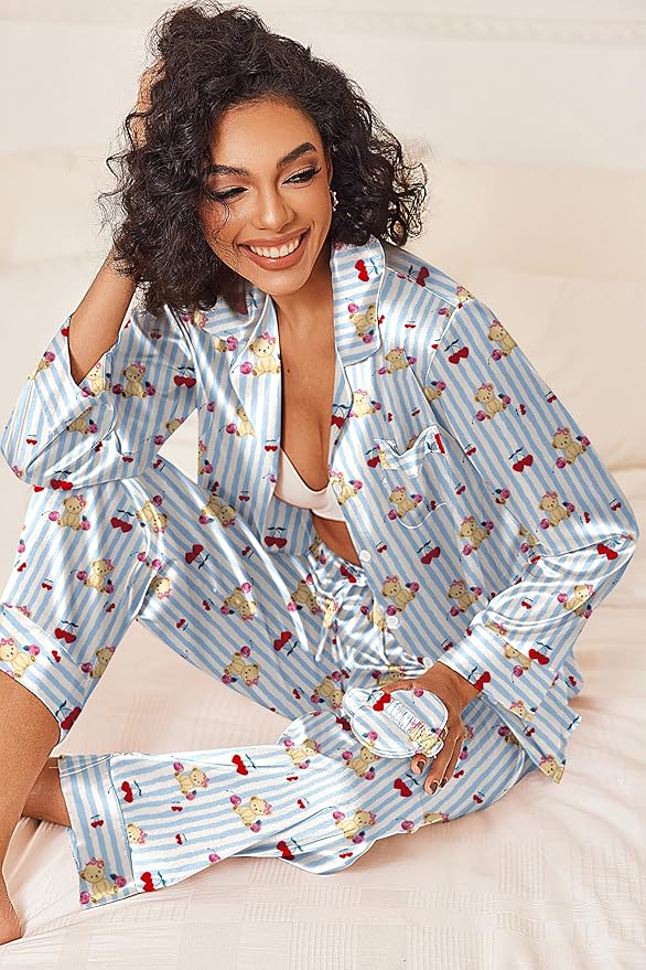Ekouaer Womens Silk Satin Pajama Sets 2 Piece Sleepwear Pjs Set Long Sleeve Button Down Top and Pants Stripe Loungewear S-XXL
