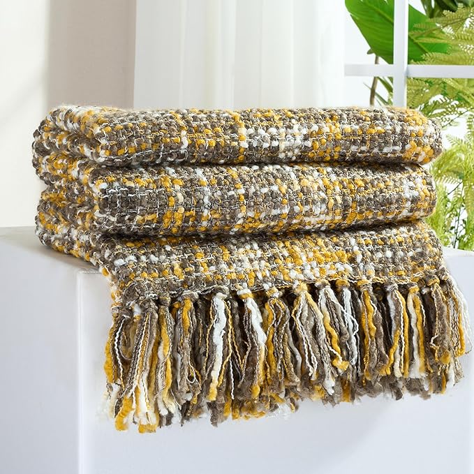 Multi-Color Gold Cable Woven Throw Blanket for Couch,60"X80" Boho Style Textured Blankets for Home Decor,Super Soft Warm Cozy Chunky Blanket with Decorative Tassels for Bed and Sofa
