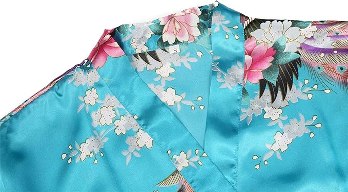Valennia Women Long Silky Bathrobe Satin Kimono Robe Floral Printed Dressing Gown Sleepwear