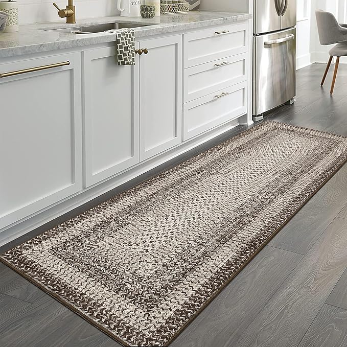 RUGSREAL Runner Rug for Hallway Kitchen Runner Rug 2x10, Machine Washable Long Runner Throw Carpet with Rubber Backing, Stain Resistant Braided Printed Entryway Carpet for Bedroom Living Room, Mocha
