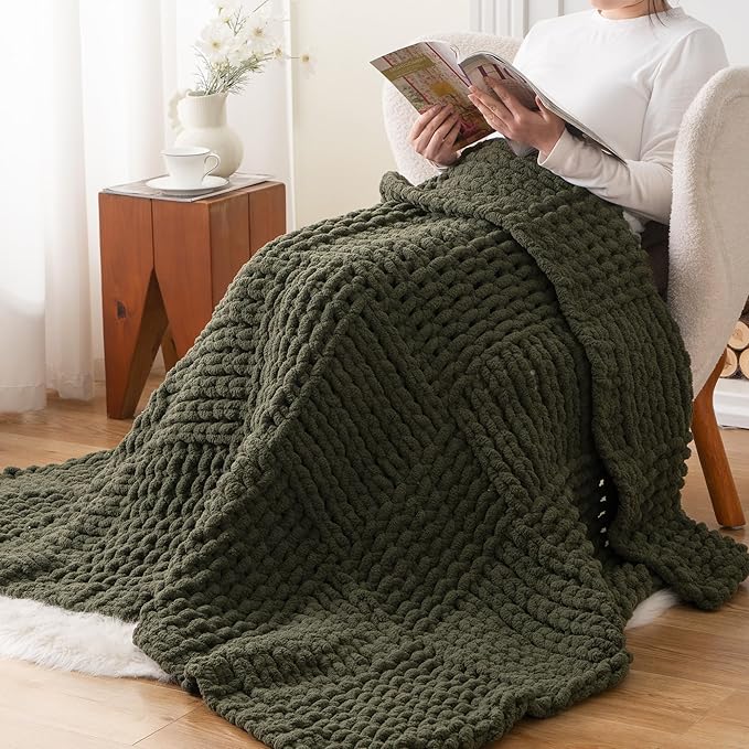 Bunnikins & Clover Olive Green Throw Blanket for Couch, Chunky Knit Blanket Throw with Chenille Yarn for Bed Living Room Home Decor, 50"x60"