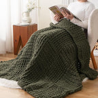 Bunnikins & Clover Olive Green Throw Blanket for Couch, Chunky Knit Blanket Throw with Chenille Yarn for Bed Living Room Home Decor, 50"x60"