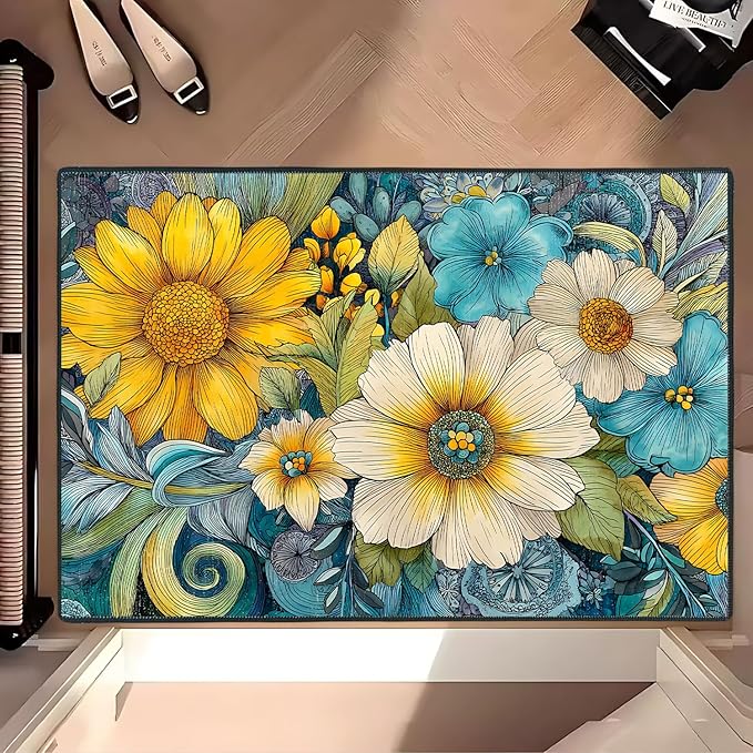 Flower Area Rug 2x3 ft Entry Rug Washable Boho Rugs Non Slip Low Pile Floral Door Mat Small Carpet for Bedroom, Bedside, Kids Room, Office, Dining Room