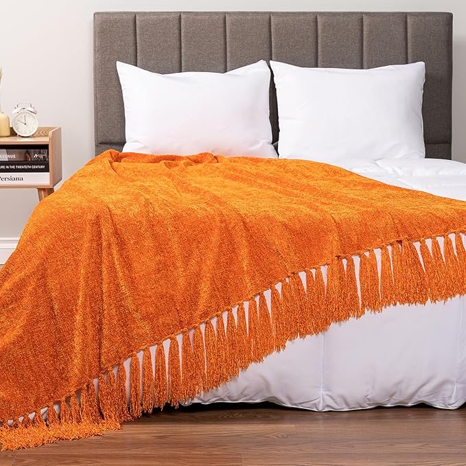 PAVILIA Orange Chenille Throw Blanket for Couch Sofa, Soft Knit Throw with Tassel, Decorative Blanket for Bed Chair Living Room, Orange 50x60