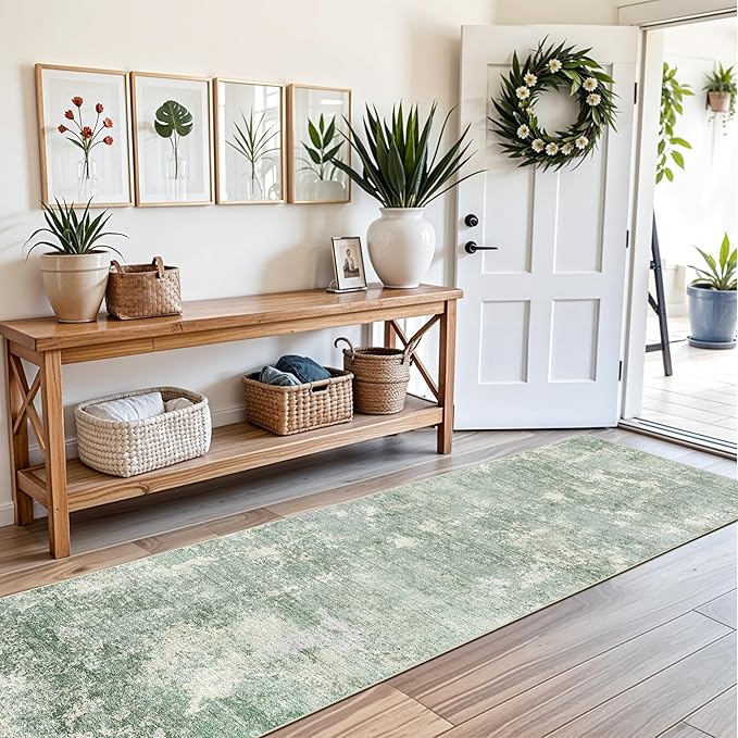 3x10 ft Long Hallway Runner Rug – Non-Slip Washable Kitchen Floor Rug with Rubber Backing, Modern Low Pile Thin Wide Carpet Runners for Bedroom, Entryway Indoor (Sage Green,3x10)