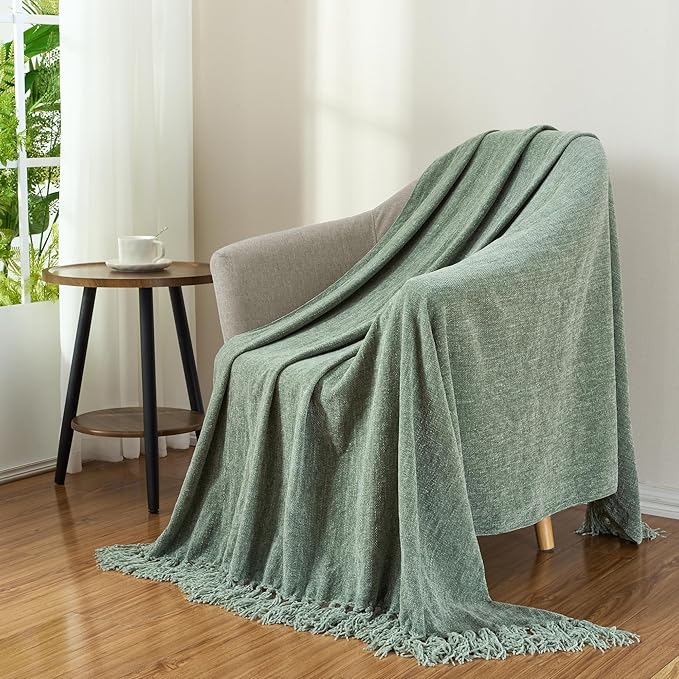 Chenille Throw Blanket for Couch with Tassels,50"X60" Soft Cozy Lightweight Knitted Boho Decorative Blankets for Bed and Sofa,Light Green