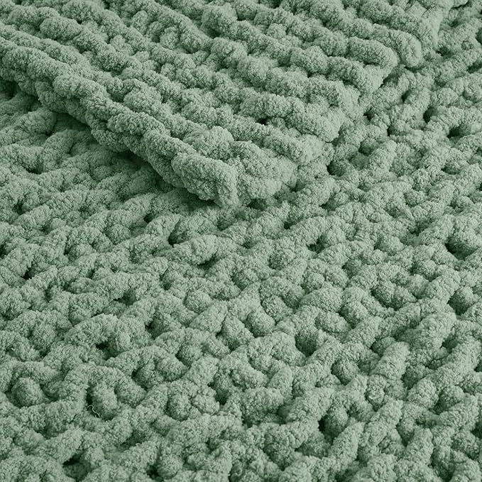 Madison Park Chenille Chunky Knit Handmade Throw Blanket, Luxuriously Soft Gift Blankets, Cottage Style Room Décor, Lightweight & Breathable All Seasons Throw Blanket for Couch, 50"W x 60"L Sage Green