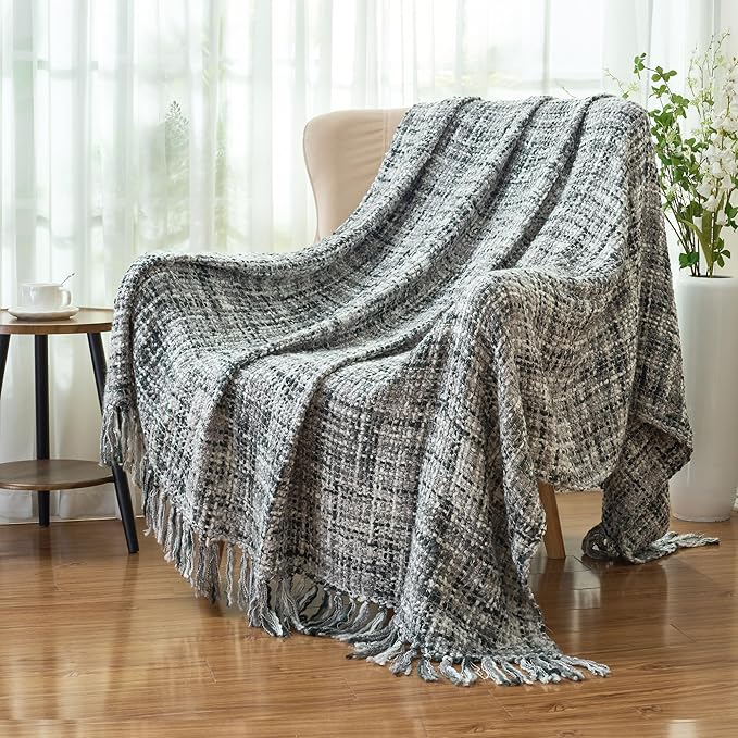 Multi-Color Grey Cable Woven Throw Blanket for Couch,50"X60" Boho Style Textured Blankets for Home Decor,Super Soft Warm Cozy Chunky Blanket with Decorative Tassels for Bed and Sofa