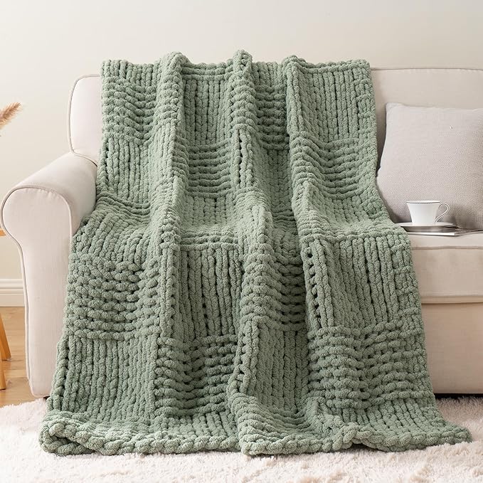 Bunnikins & Clover Sage Green Throw Blanket for Couch, Chunky Knit Blanket Throw with Chenille Yarn for Bed Living Room Home Decor, 50"x60"