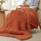 Amélie Home Chunky Knit Throw Blanket for Couch, Soft Chenille Handmade Crochet Throw Rope Knot Blanket for Couch, 50"x60", Burnt Orange