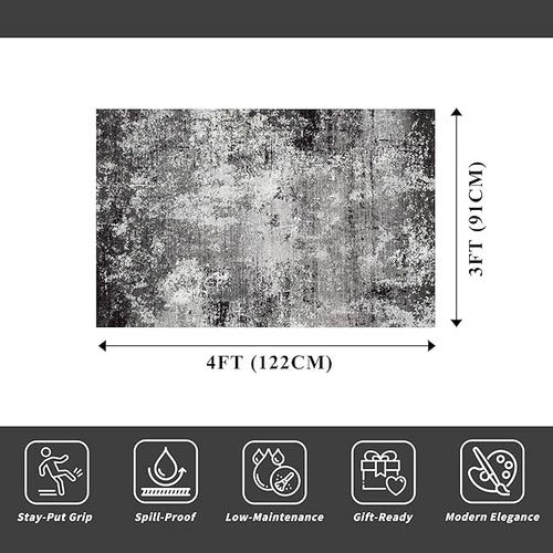 3x4 Washable Entryway Rug – Non-Slip Modern Abstract Small Area Rug for Kitchen, Bedroom, Bathroom – Soft Low-Pile Thin Indoor Door Mat（Black Grey, 3x4）
