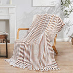 Striped Knit Throw Blanket with Braided Tassels 50" x 60", Hand Knitted Soft Chunky Chain Design Boho Farmhouse Blanket, Two Tone Tassel Decor Throw for Couch Bed Sofa Outdoor, Camel White
