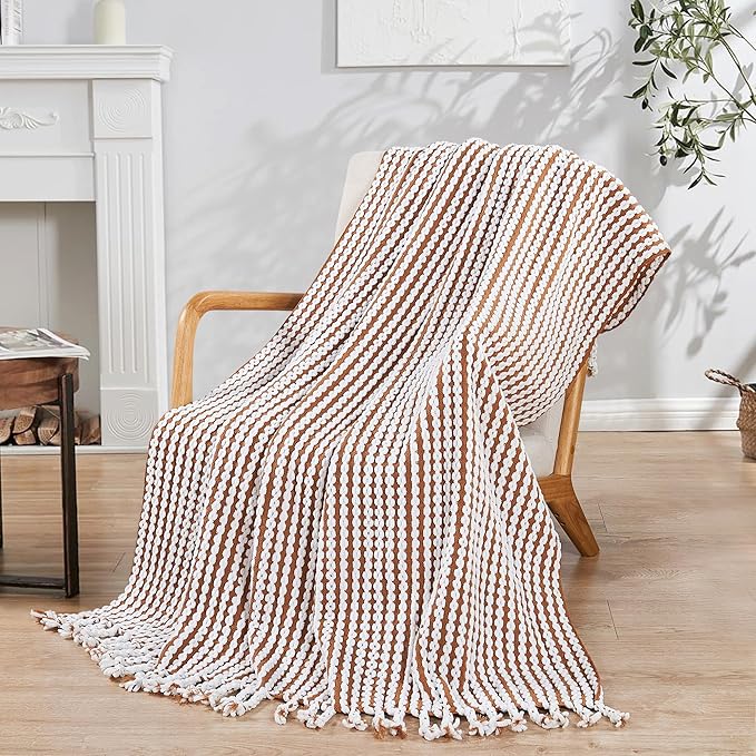 Striped Knit Throw Blanket with Braided Tassels 50" x 60", Hand Knitted Soft Chunky Chain Design Boho Farmhouse Blanket, Two Tone Tassel Decor Throw for Couch Bed Sofa Outdoor, Camel White