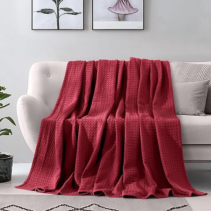 Elegant Comfort Premium 100% Cotton Waffle Blanket - Lightweight Breathable Waffle Weave Bed Blanket - Soft and Warm All Season Blanket for Couch, Sofa and Bed, Queen Size 90x90 Inches, Burgundy