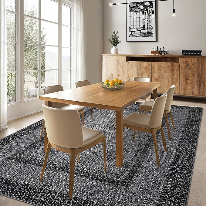 RUGSREAL Washable Rugs 5x7 Living Room Boho Throw Rug Stain Resistant Braided Print Border Large Carpet for Bedroom with Rubber Backing Low Pile Farmhouse Rustic Rug for Home Decor Office, Black