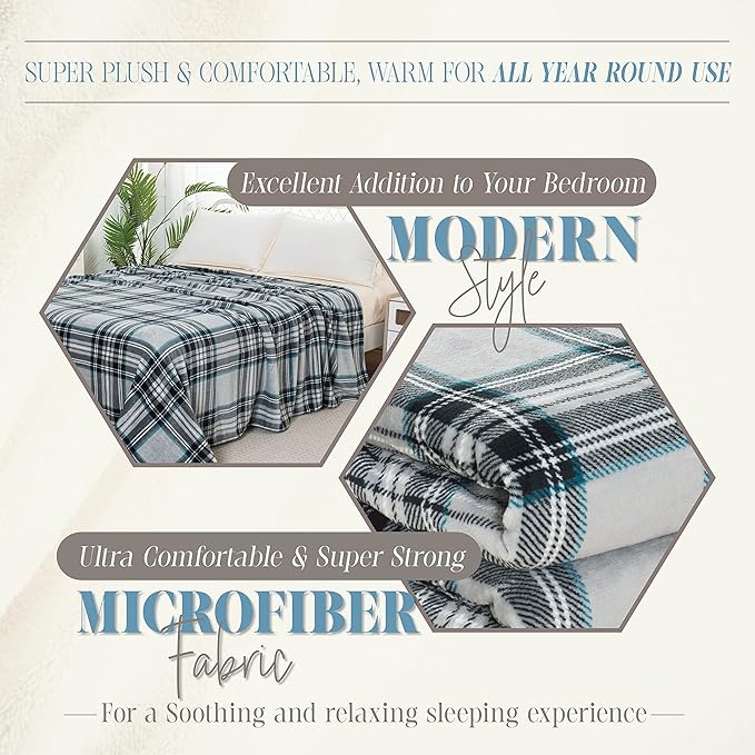 Elegant Comfort Luxury Velvety Feel Blanket, All-Season Lightweight Blanket, Ultra Plush, Soft, Cozy-Fuzzy Flannel Fleece for Couch, Sofa, Bed, Travel, Plaid Design, Twin/Twin XL, Silver Gray