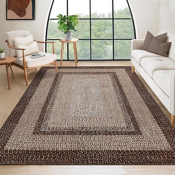 RUGSREAL 10x13 Large Living Room Rug Braided Print Rug Boho Throw Carpet Farmhouse Rustic Dining Room Carpet Non Slip Geometric Bordered Area Rug Bohemian Carpet for Bedroom Home Decor Office, Brown