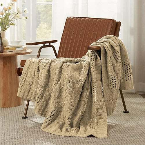 Amélie Home Chunky Knit Throw Blanket, Dual-Sided Soft Chenille Breathable Cable Knitted Blanket for Couch, Farmhouse Decorative Throw for Sofa & Chair, 50"x60", Beige