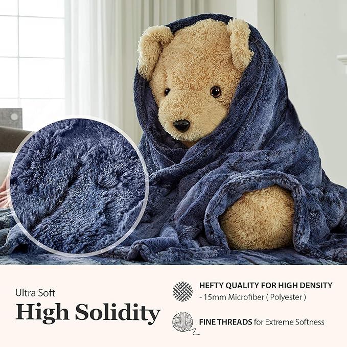 MHD l [Made in Korea] Premium Faux Fur Throw Blanket : Luxury Double-Sided 15mm Microfiber Blanket, 800 GSM :Tan Navy, 60" x 79"
