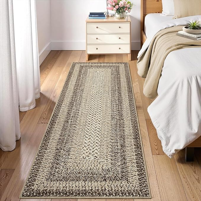 2x6 Boho Runner Rug Braided Print Hallway Area Rug Machine Washable Throw Floor Cover Non Slip Moroccan Runner Carpet for Kitchen Farmhouse Rustic Carpet for Living Room Bedroom, Camel