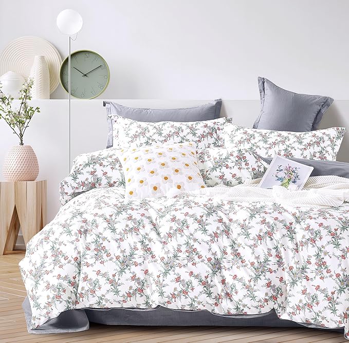 ALEISSEL White Floral Cotton Comforter King Size - 3PC Lightweight Bedding Sets with Soft Fill, Elegant Pale Purple & Burgundy Botanical Patterns with Light Gray Reversible Design
