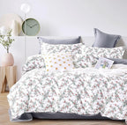 ALEISSEL White Floral Cotton Comforter King Size - 3PC Lightweight Bedding Sets with Soft Fill, Elegant Pale Purple & Burgundy Botanical Patterns with Light Gray Reversible Design