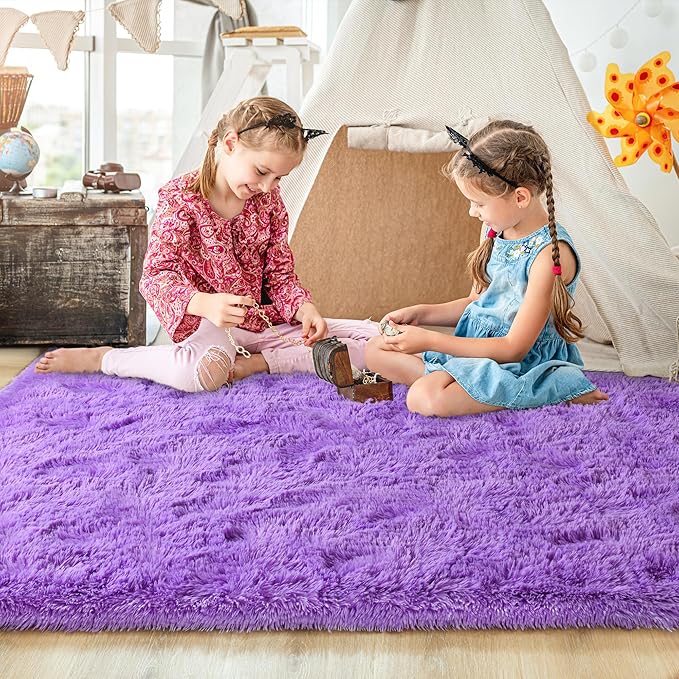 junovo Purple Washable Area Rug for Boys Bedroom Living Room, 4x5.3 Soft Non-Slip Fluffy Rugs, Shag Plush Memory Foam Carpet for Kids Room Baby Nursery Home Decor