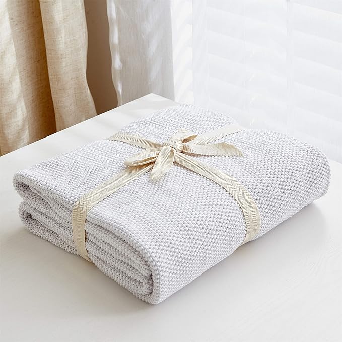 Longhui bedding 100% Cotton Ivory White Lightweight Cable Knit Throw Blanket for Couch Sofa Bed Home Décor – 50“ x 60”, Bonus Laundering Bag, Machine Washable