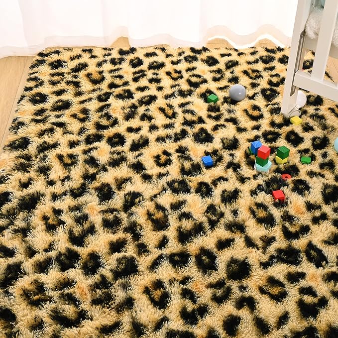 HOMORE Premium Leopard Fluffy Rugs, Leopard Print Rug for Living Room Bedroom,Soft Cheetah Print Rug for Kids Children Room, Faux Animal Printed Carpet for Western Decor,3x5 Feet Black and Khaki
