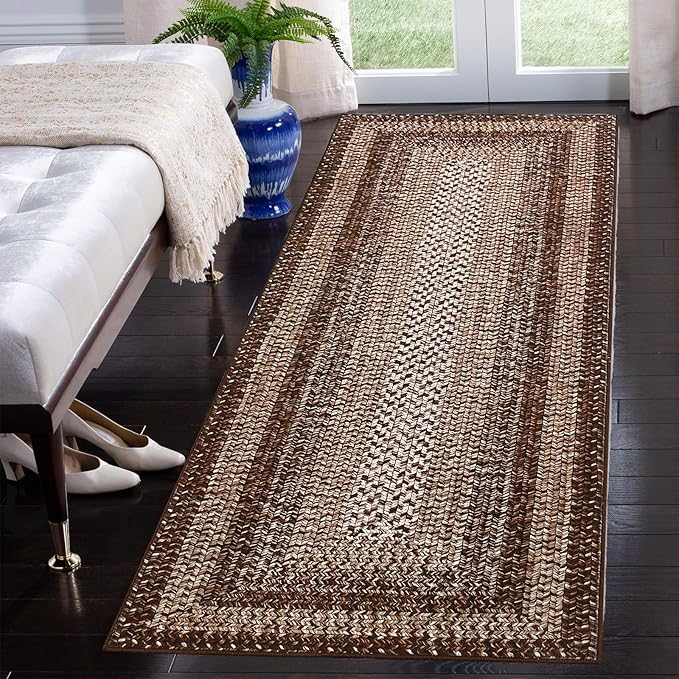 RUGSREAL 2x6 Boho Runner Rug Braided Print Hallway Area Rug Machine Washable Throw Floor Cover Non Slip Moroccan Runner Carpet for Kitchen Farmhouse Rustic Carpet for Living Room Bedroom, Brown