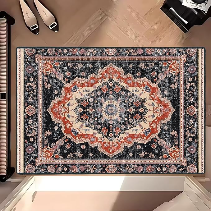 Area Rug 2x3 ft Rug Washable Boho Rugs Non Slip Low Pile Floral Small Carpet for Bedroom, Bedside, Kids Room, Office, Dining Room (Retro Colors, 2x3 ft)