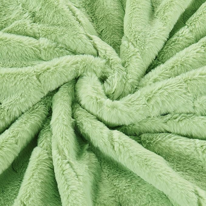 Striped Throw Blanket and Pillow Covers Set (No Inserts) for Couch and Bed, Plush Warm Lightweight Fuzzy Faux Fur Blanket for All Seasons (50" x 60", Light Green)