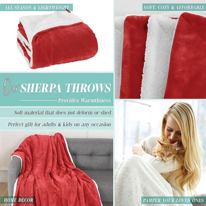 Elegant Comfort Throw Blanket, Reversible Sherpa Flannel, Ultra-Soft, Fuzzy, Cozy and Plush- All Season Lightweight Decorative Throw, 50 x 60 inches, Solid Sherpa Throw, Red