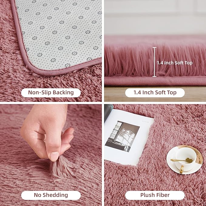 Litanika 8x10 Shag Area Rug for Living Room Bedroom, Pea Pink High Pile Ultra Soft Plush Shaggy Furry Bedside Playroom Dorm Carpet, Non-Slip, Non-Shedding Modern Indoor Floor Rug