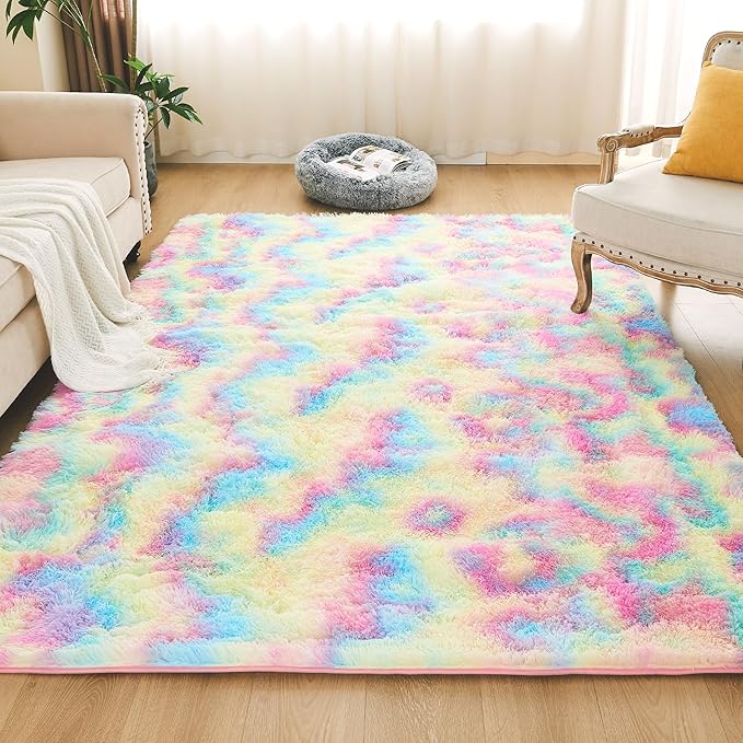 Litanika 6x9 Shag Area Rug for Living Room Bedroom, Tie-Dyed Rainbow High Pile Soft Plush Shaggy Furry Cute Bedside Playroom Dorm Carpet, Non-Slip, Non-Shedding Modern Indoor Floor Rug
