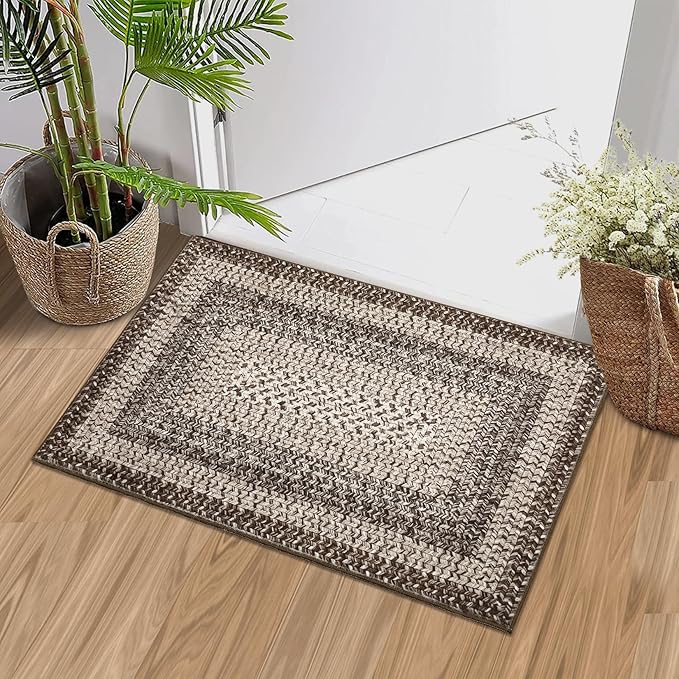 RUGSREAL Entryway Rug 2x3 Small Bedside Throw Mat with Rubber Backing Machine Washable Living Room Rug Non Slip Bathroom Mat Stain Resistant Braided Print Carpet for Dining Room Kitchen Hallway, Mocha